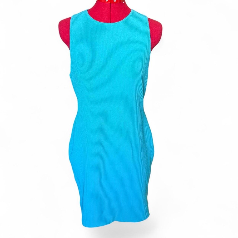 Babaton turquoise blue ribbed knit sculpt bodycon sleeveless dress in XL